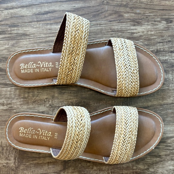 Bella Vita Leather Slide Sandals Sz 8M brown tan Woven 2 Straps Womens beach - Picture 2 of 4